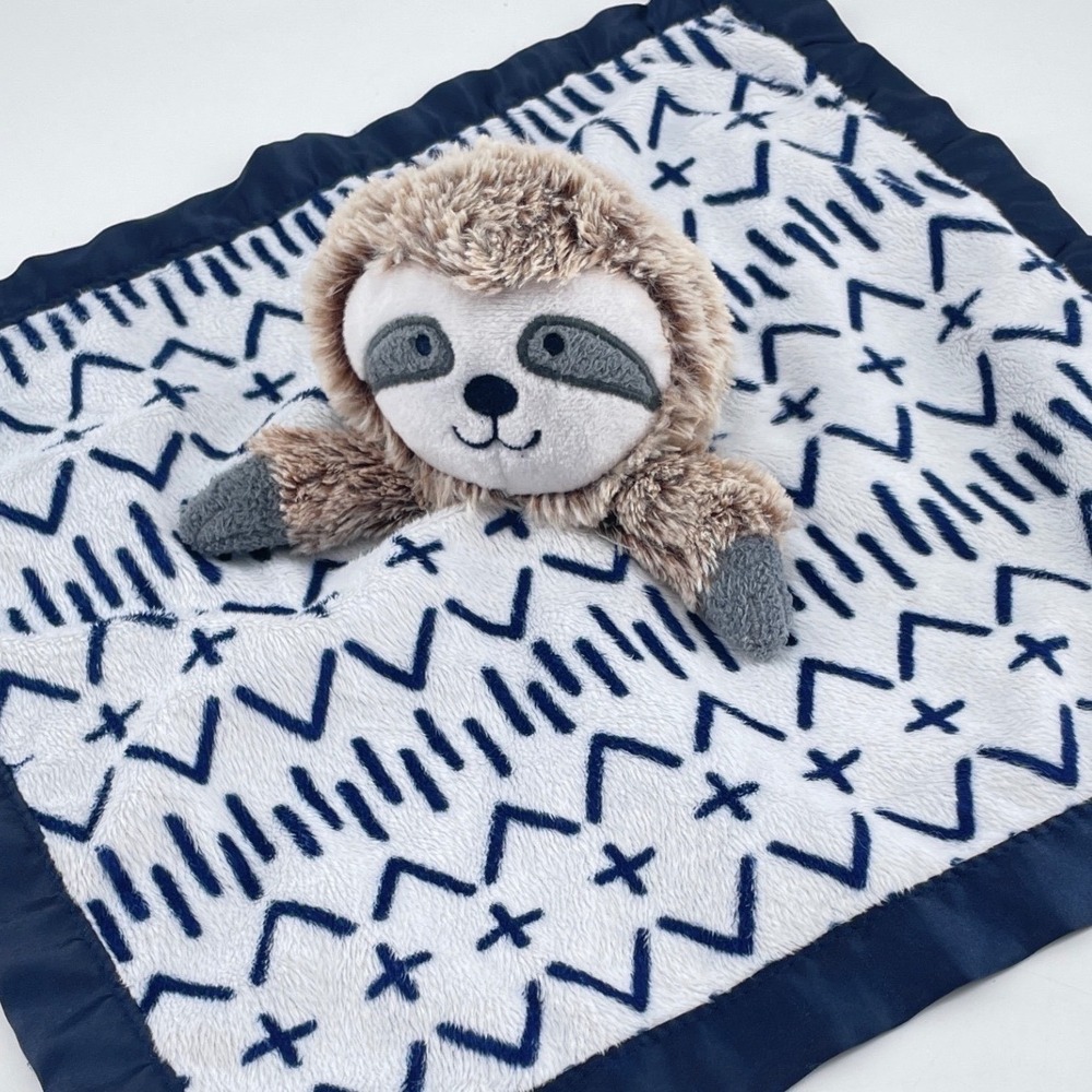 Cloud Island Sloth Security Blanket Navy Blue White Satin Geometric Plush Lovey